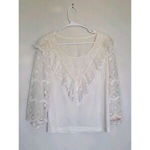 VTG 80s Victorian Lace Blouse White Ruffle V-Yoke Boho Coquette Romantic Sz Med